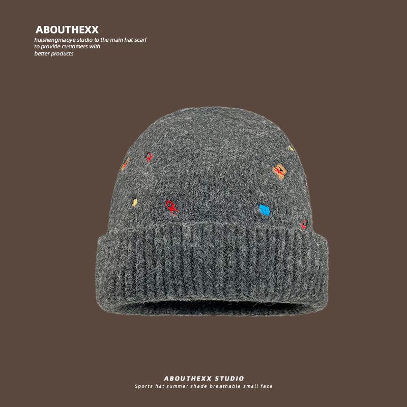Embroidered Wool Hat for Women In Autumn and Winter Korean Version of Warm Knitted Hat Showing Face Small Ear Protection Bag Head Cold Hat for Men