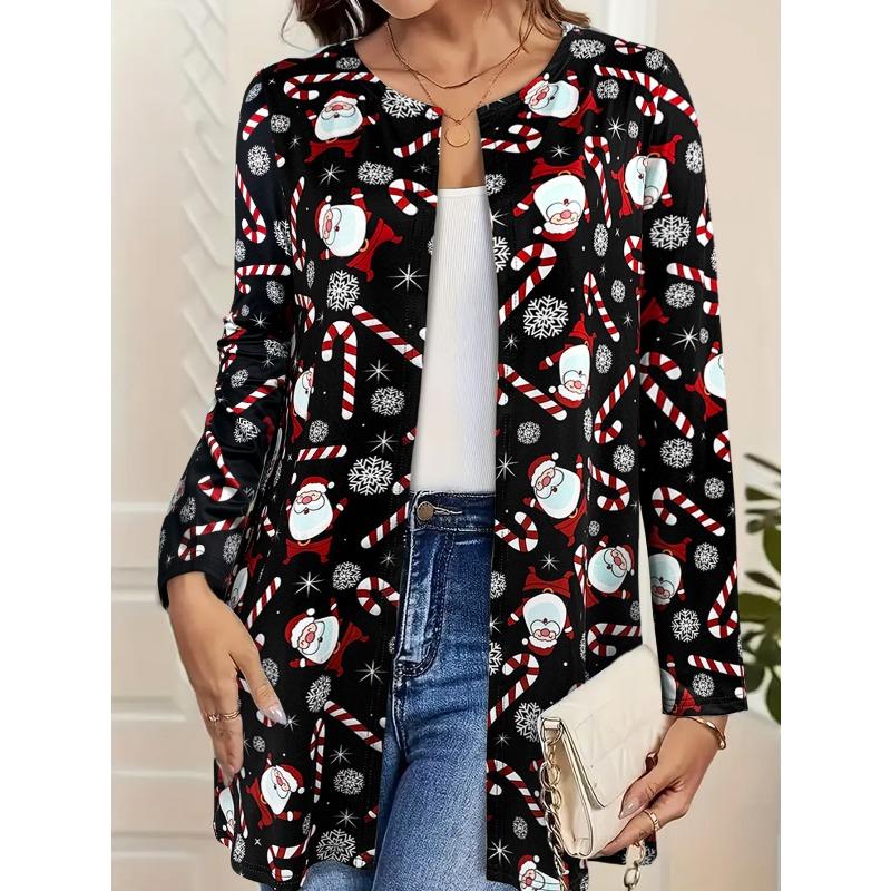 Women's Cute Christmas Santa Cane Print Cardigan, Long Sleeve Casual Holiday Outerwear,fashion christmas clothes ,leisure christmas outfit