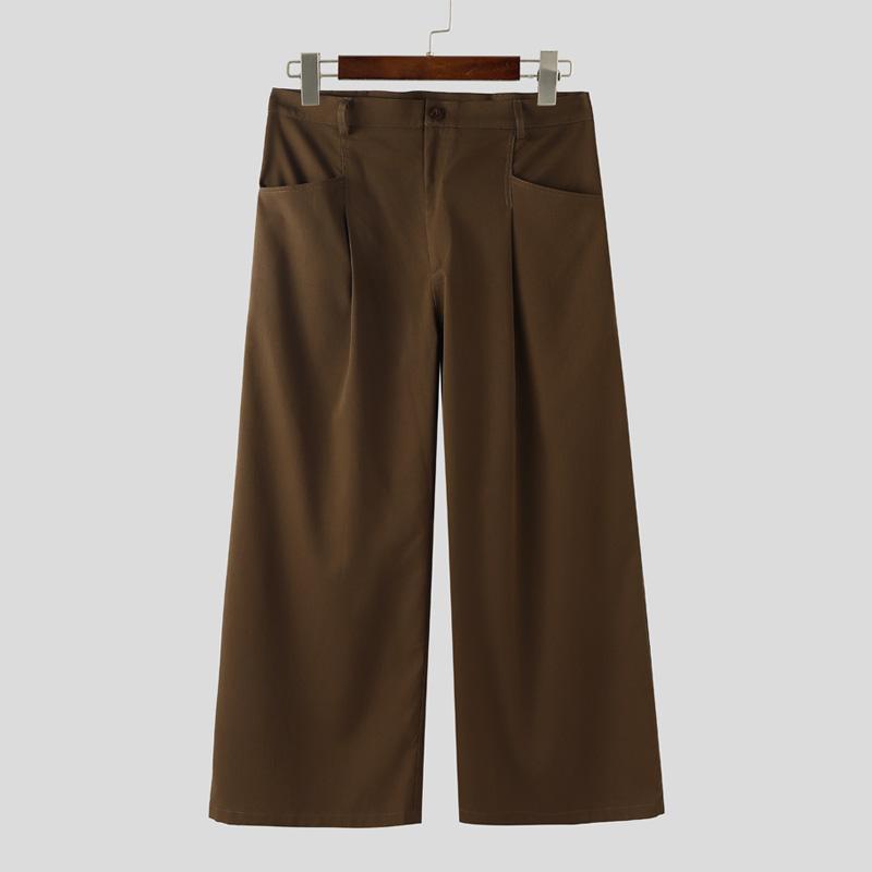 INCERUN Men Zip-up Waist Pockets Casual Loose Long Wide Legs Pants Trousers