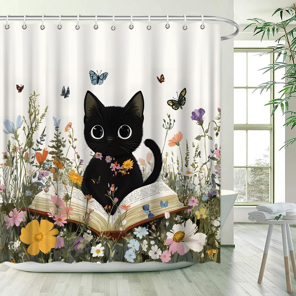 Cute Cat Shower Curtain Boho Floral Wildflowers Garden Flowers Colorful Spring Plant Botanical Cartoon Watercolor Funny Animal