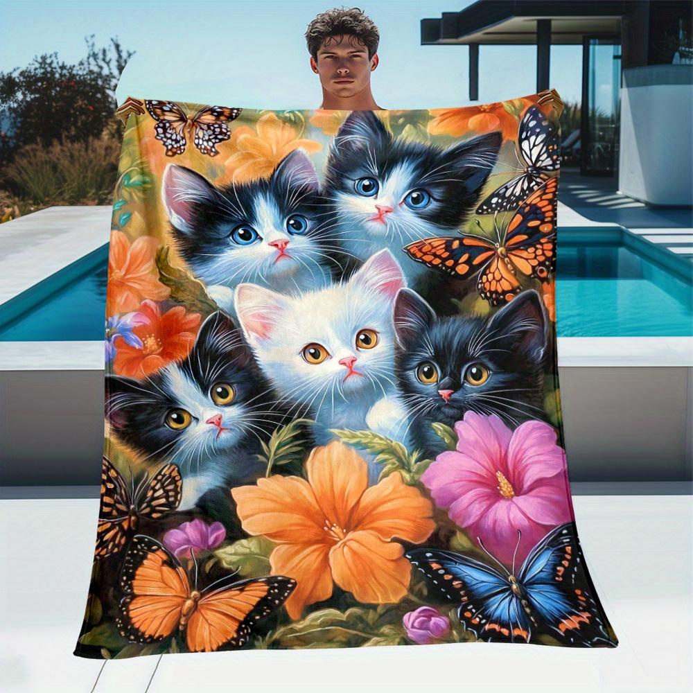 Cats and Butterflies Flannel Blanket Adorable Kitten Art Floral Garden Scene Colorful Insects Soft Fleece Throw Pet Lover Gift