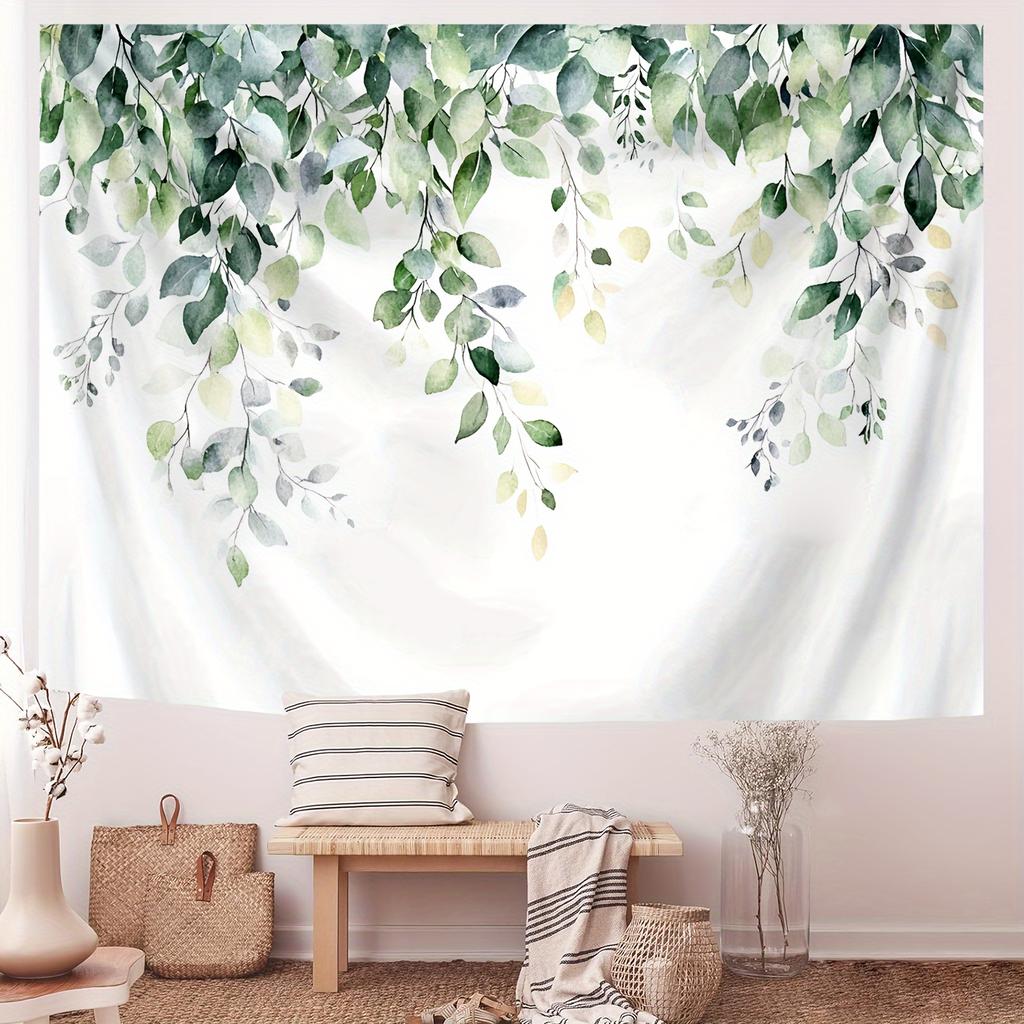 Boho Green Leaf Wall Hanging Tapestry,Watercolor Botanical Plant Art Decor Fabric, Soft Peaceful Ornament For Home Room Interior