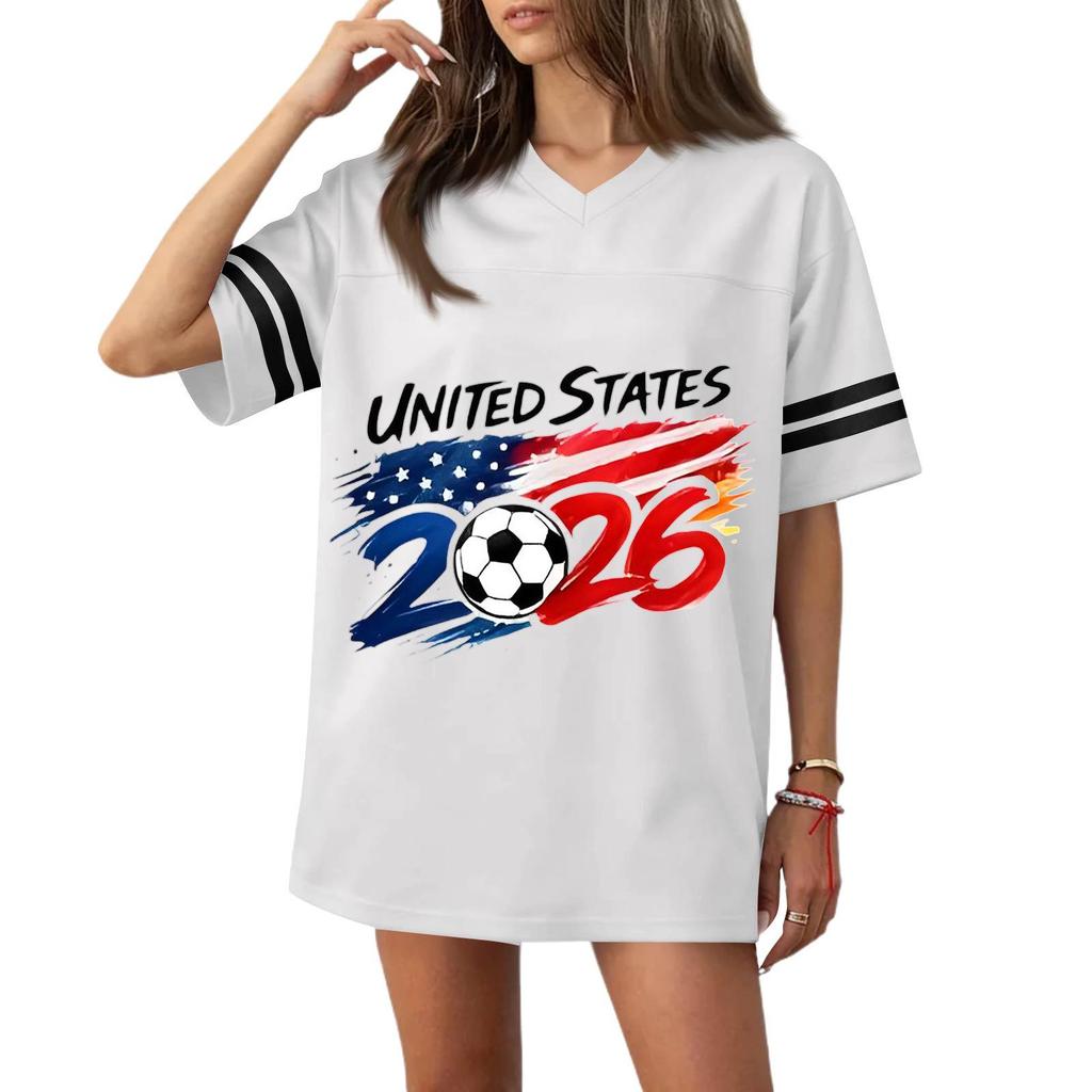 Womens V Neck Short Sleeve Soccer Graphic Tee United States Flag Print 2026 Casual Loose Fit Sports Top Shirt