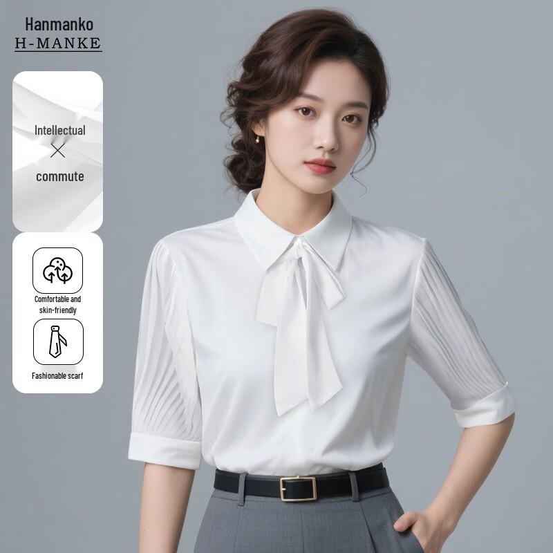 HANMANKE Women s White Bow-Tie Short-Sleeve Blouse 4XL