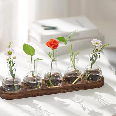 BHBL Plant Terrarium Propagation Station, Glass Planter Bulb Vase with Wooden Tray, Modern Bud Vases for Living Room