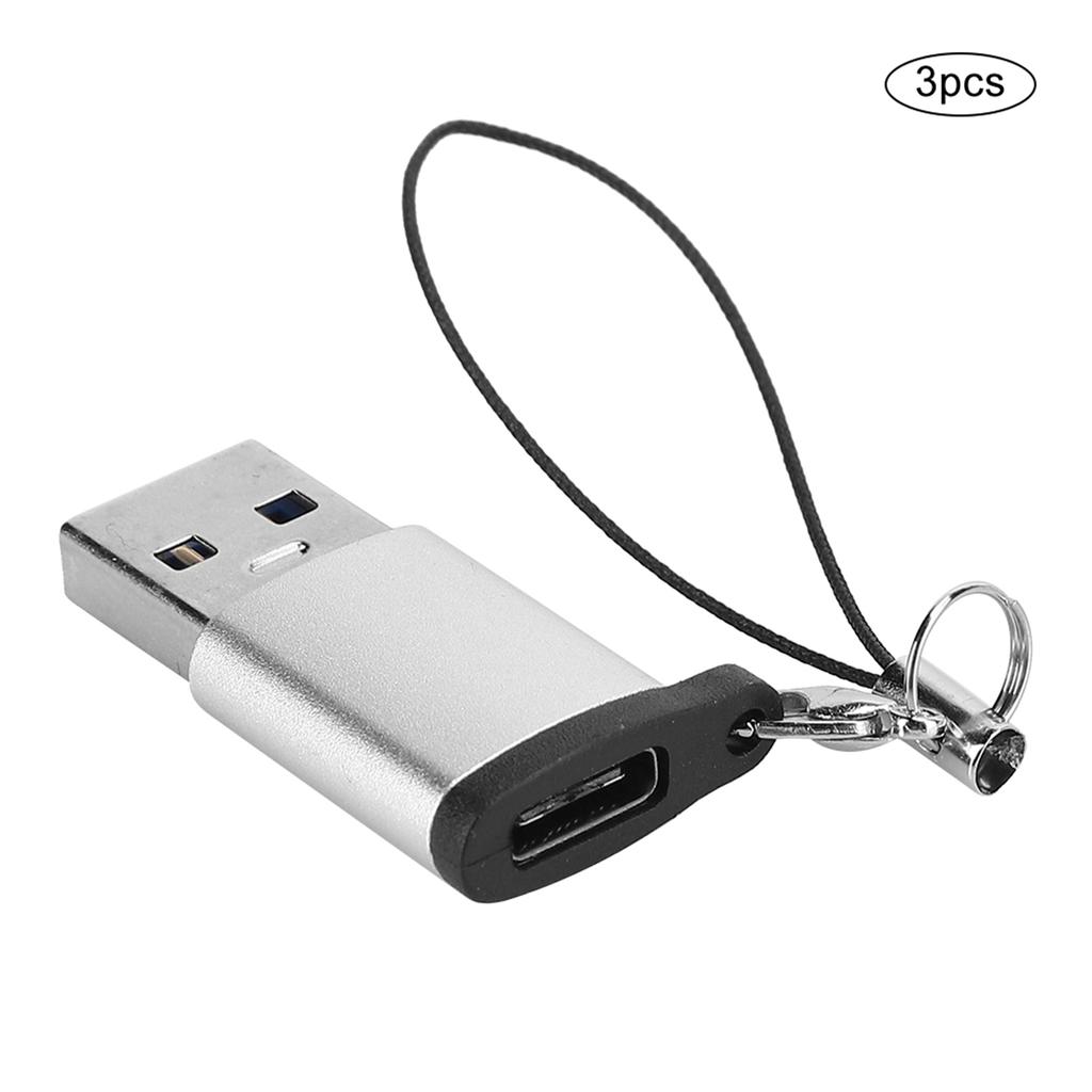 3Pcs USB3.0 to Type C3.1 Female Adapter Lanyard Electronic Transfer Connector(Silver +Lanyard )