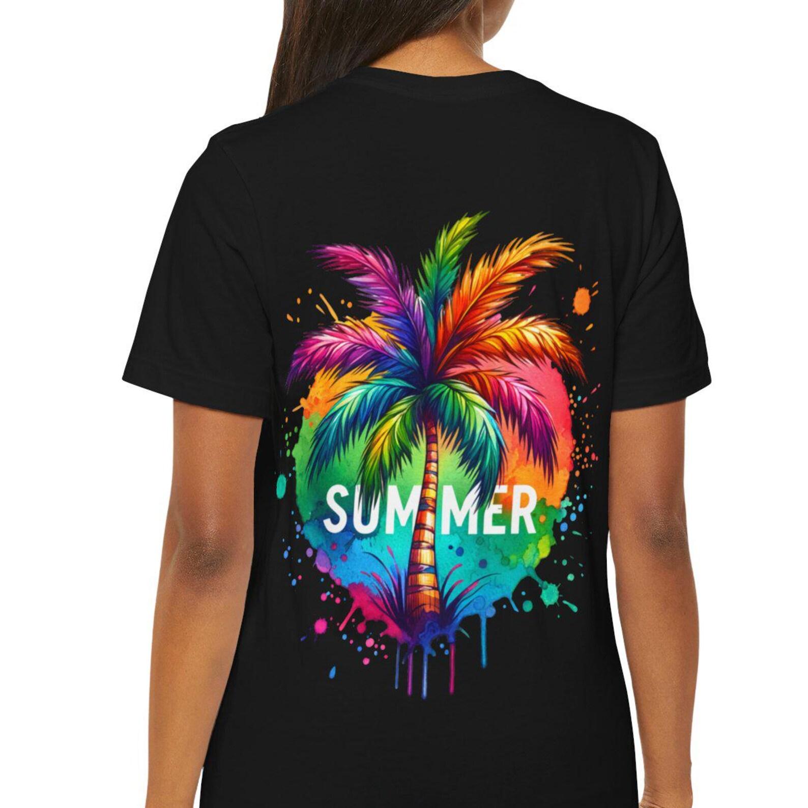 Print on the Back, Colorful Rainbow Palm Tree Summer Tee | Tropical Paint Splash T-Shirt S