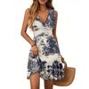 Women's Summer Dress V Neck Sleeveless Casual Hawaiian Print Hem Pleated Dress
