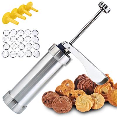 Cookie Press Stainless Steel Cookie Press Tool Kit Biscuit Maker and Churro Maker Press Machine with 20 Cookie Discs 4 Nozzles