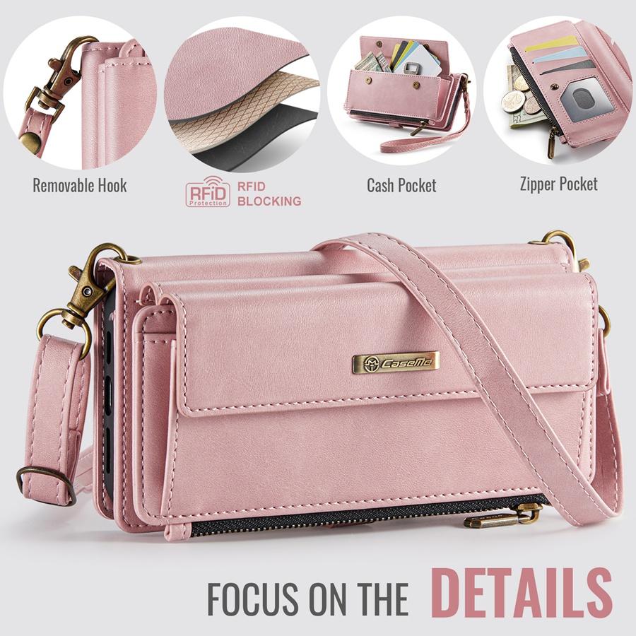 For iPhone/Samsung RFID Blocking Multilayer Wallet Phone Case Purse with 9 Card Slots+Zipper Pocket+Coin Sack Detachable Crossbody Strap + Wrist Strap