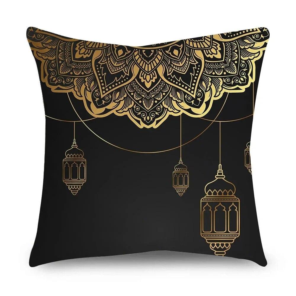 Husă de pernă Ramadhan Husă de pernă islamică Eid Mubarak, aur negru, Decor pentru casă, husă de pernă decorativă, 45cm*45cm