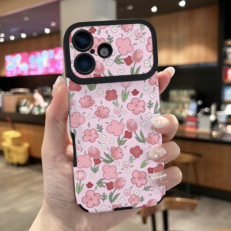 Pink Flowers Floral Printed Vertical Grain Leather Soft Silicone Phone Case Back Cover with Camera Lens Full Protection for iPhone 17