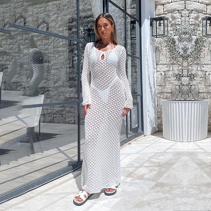 Elegant Knit Hooded Beach Cover-up: Long Sleeve Dress & Cardigan