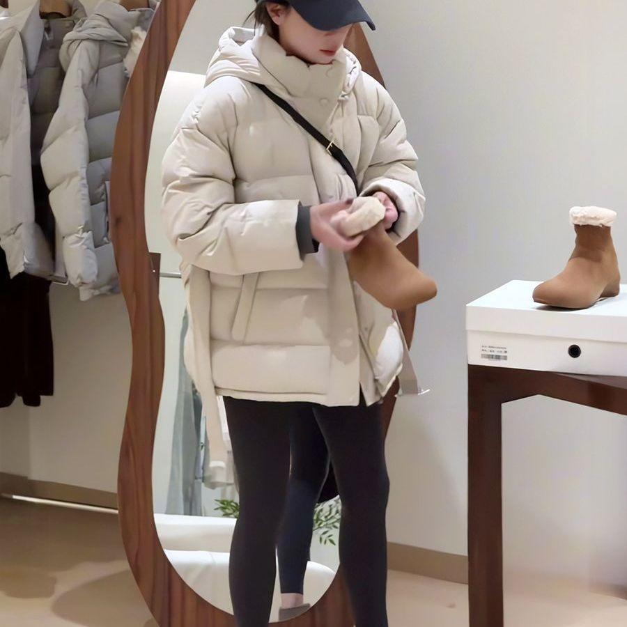Women Autumn Winter Hooded Cotton Padded Jackets with Belt Solid Female Thin Windproof Puffer Coat Loose Snow Overcoat