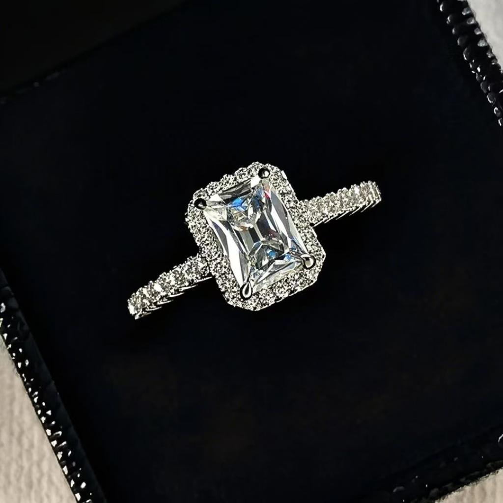 Style Accessories Niche Personality Ladder T Square Zircon Live Ring Women'S Rock Sugar Square Diamond Ring Light Luxury Jewelry