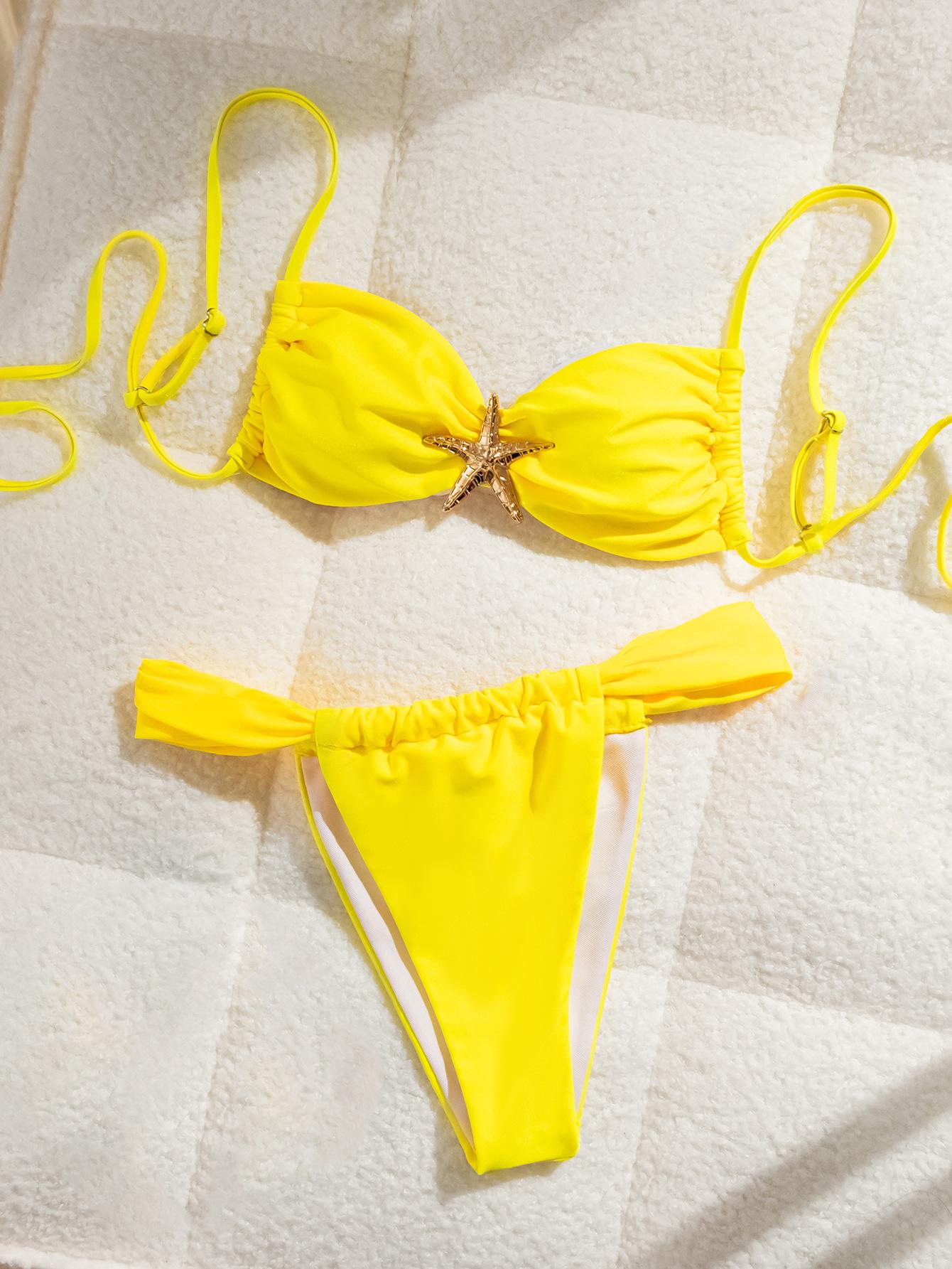 

Solid Halter Tie Starfish Decor Sexy Bikini Set Elegant Versatile For Summer Holiday XS