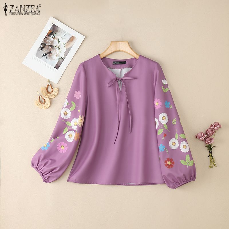 ZANZEA Women Floral Print Long Sleeve Round Neck Casual Blouse