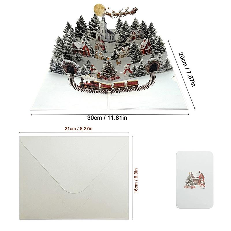 3D Christmas Card Night Before Christmas Scene With Santa, Reindeer, Snowy Village & Moonlit Sky Festive Holiday Greeting Card F