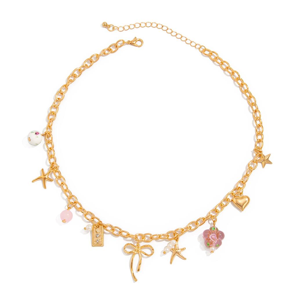 Sweet Wind Bow Love Pendant Necklace, Creative Ceramic Flower Starfish Collarbone Necklace