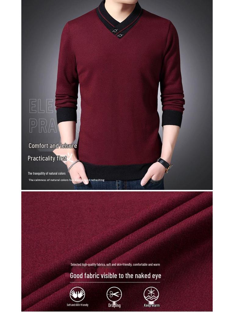 Men's Argyle V-neck Plus Velvet Knitwear - Warm, Soft, and Versatile Base Layer for Autumn and Winter