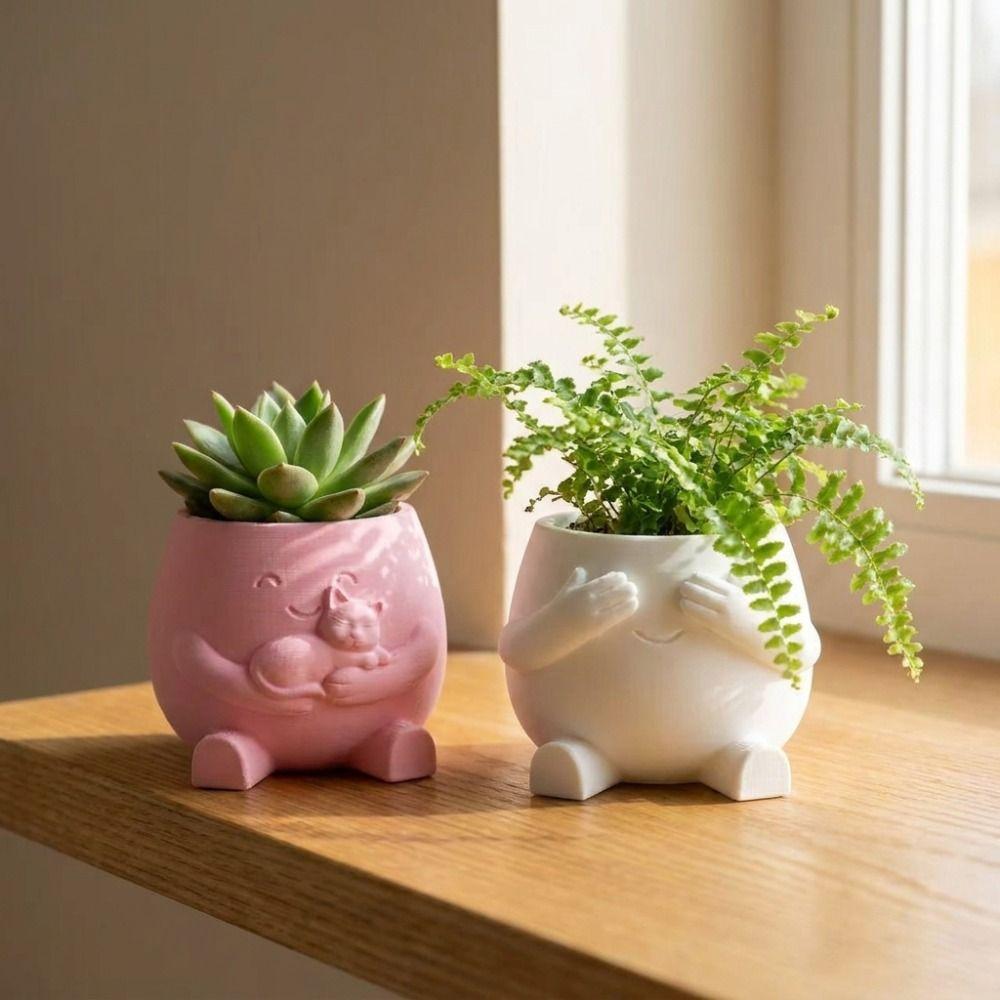 3D Printed Hugging Cat Succulent Planter Pot Happy Expression Novelty Shy Cover Eyes Character Plant Pot Plastic Lifelike