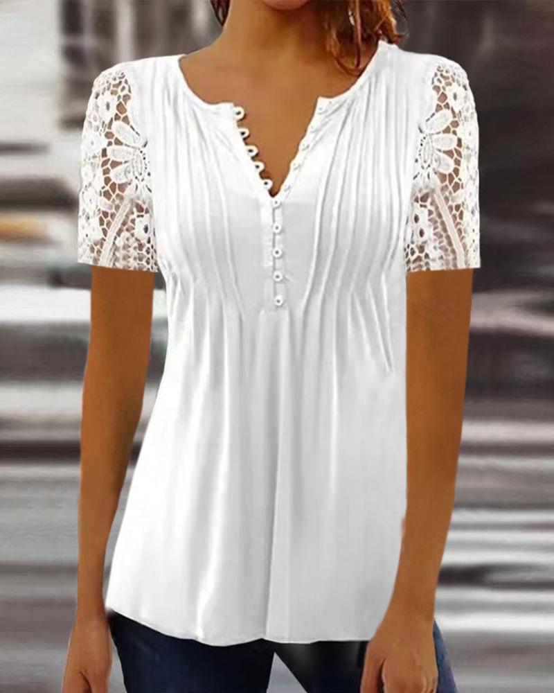 Women V‑Neck Short Sleeve T‑Shirt Lace Spliced Sleeve Pleated Button Solid Floral Print Casual Tops S‑5XL