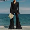 INCERUN Two Pieces Outfits Men Lapel Long Sleeve Cropped Blazer Long Flare Pants Sets