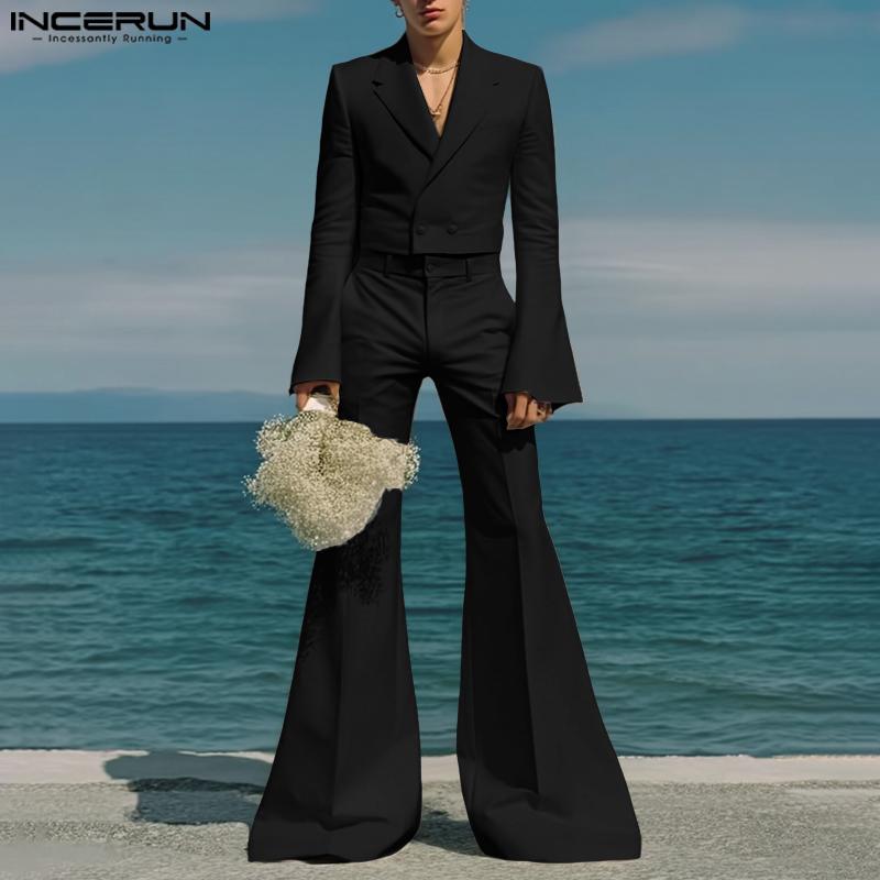 INCERUN Two Pieces Outfits Men Lapel Long Sleeve Cropped Blazer Long Flare Pants Sets