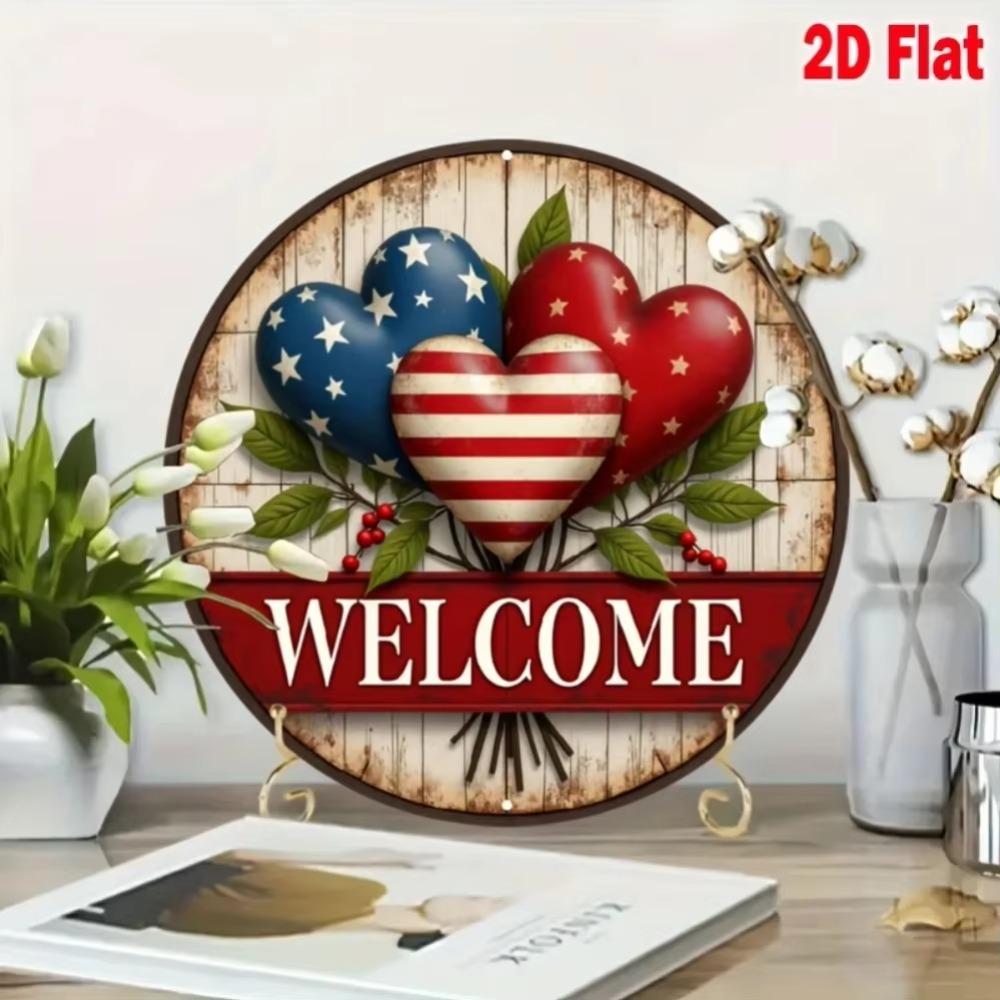 Metal Tin Sign Patriotic Welcome Heart Wall Art 2D Porch Decor Memorial Day Independence