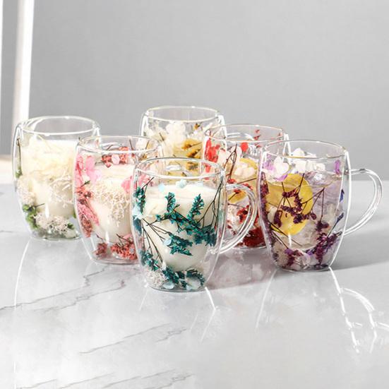 350ML Double Wall Glass Coffee Mug Dries Flower Insulated Glass Cup with Handle Clear Espresso Latte Cappuccino Milk Juice Tea Water Cup