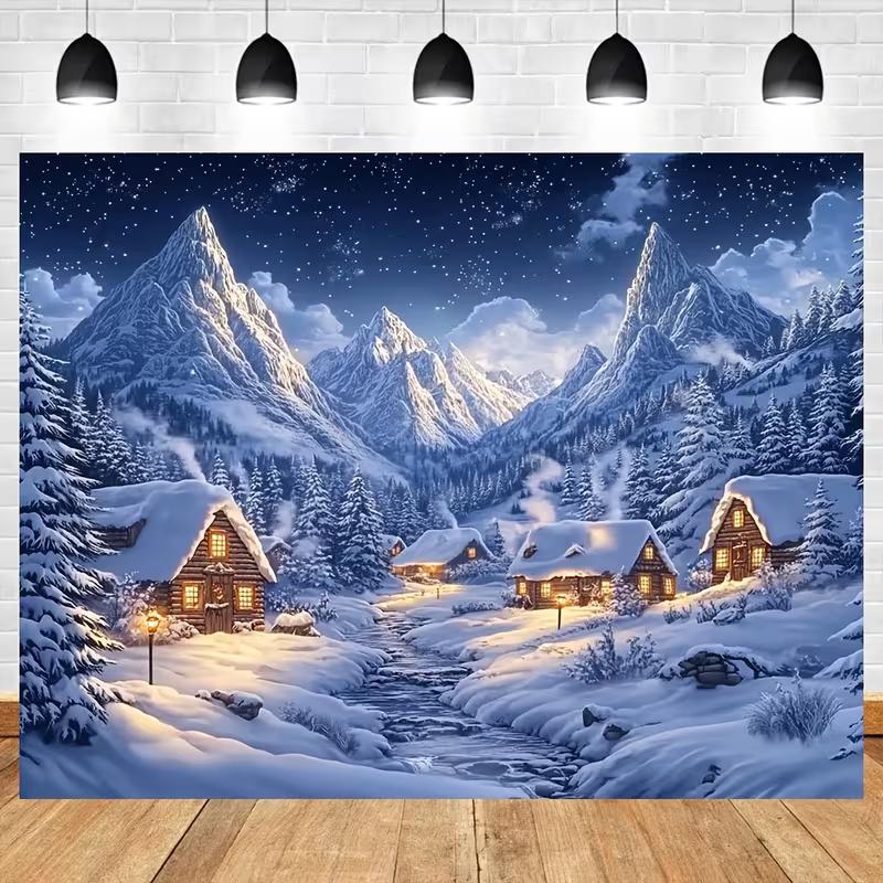 Festive Winter Night Backdrop with Lit Houses and Starry Sky for Wedding or Birthday