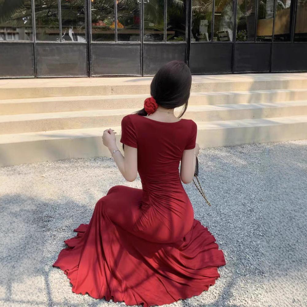 Minimalist new Hepburn style French temperament pleated pure waist short sleeve hip wrap fish tail dress drape long dress