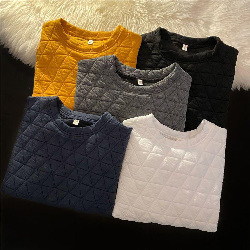 Women's High-End Diamond Pattern Quilted Sweatshirt - Korean Style, Slimming, No-Hood, Round Neck, Autumn/Winter Fashion