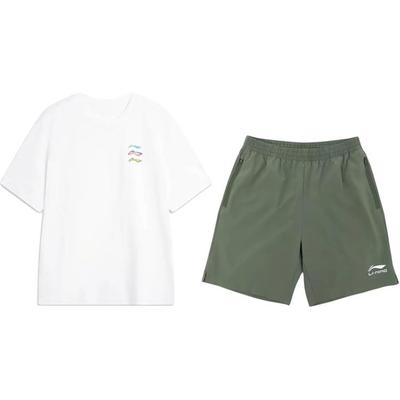 Li Ning Logo Print Einfache Mode Vielseitiger Rundhals-Pullover Kurzarm Mittelhohe Taille Gebundene Shorts Lässiger Sportanzug Unisex-Anzug YHSV371-2+YKSV147-1