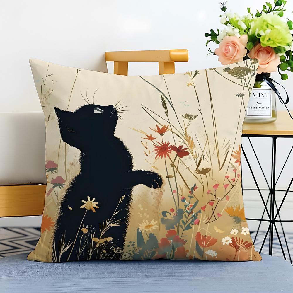 Cute cartoon little black cat Cushion Cover Washable Linen comfort Soft  for Sofa Bed Cozy Home Room Decor