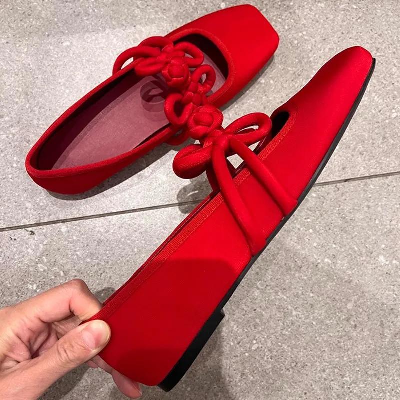 Fashion Ethnic Style Women Red Satin Mary Jane Shoes Fashion Shallow Square Toe Shoes Spring Autumn Soft Sole Ballet Shoes 2025