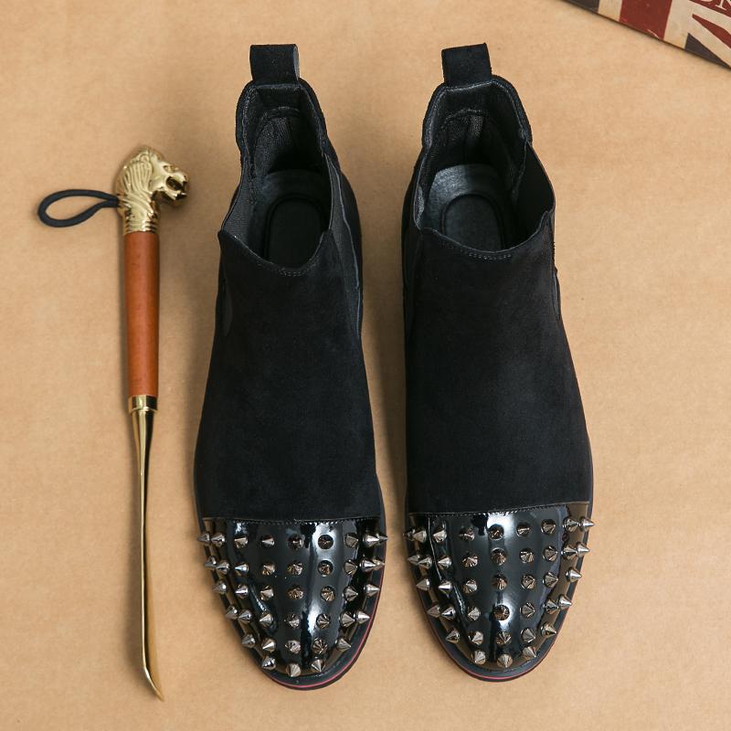 New Winter Pointed Punk Rivet Suede Chelsea Ankle Boots Brown Black Men's Casual Luxury Brand High-top Shoes Zapatos Hombre