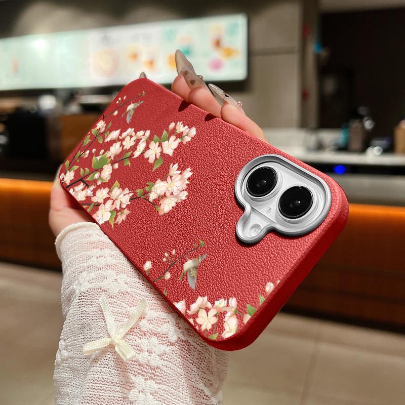 Cherry Blossom Pattern Leather Texture Slim Case for iPhone 16 Pro Max 15 Pro 14 Plus 13 12 11 Tpu Soft Shockproof Matte Solid Color Phone Cover