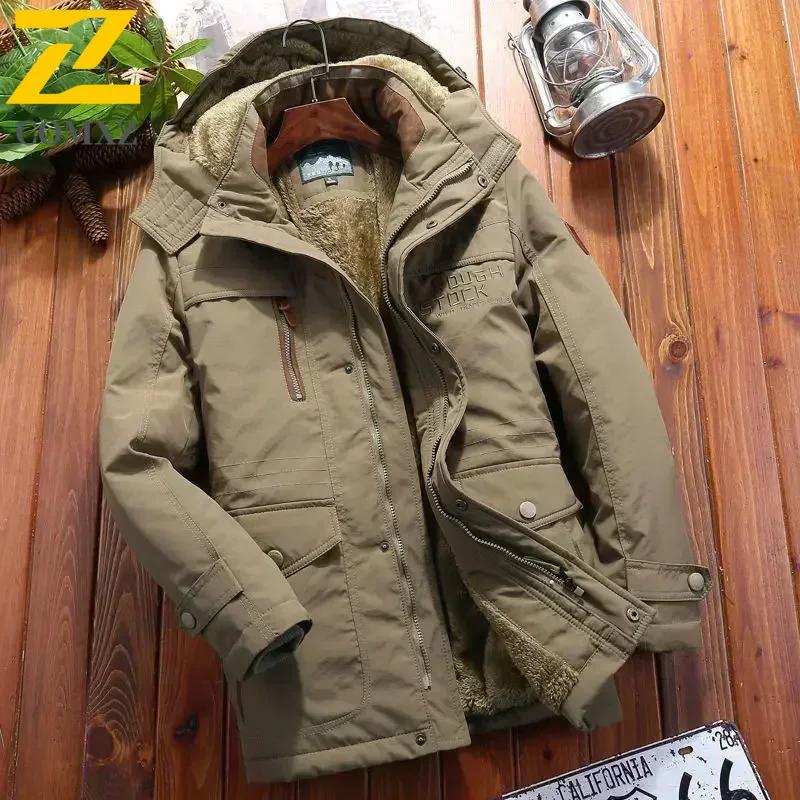 Parka de iarnă pentru bărbați, jachetă de vânt din fleece, groasă, călduroasă, cu blană, pentru bărbați, retro, cu glugă, streetwear, paltoane, jachete de vânt pentru bărbați 6xl