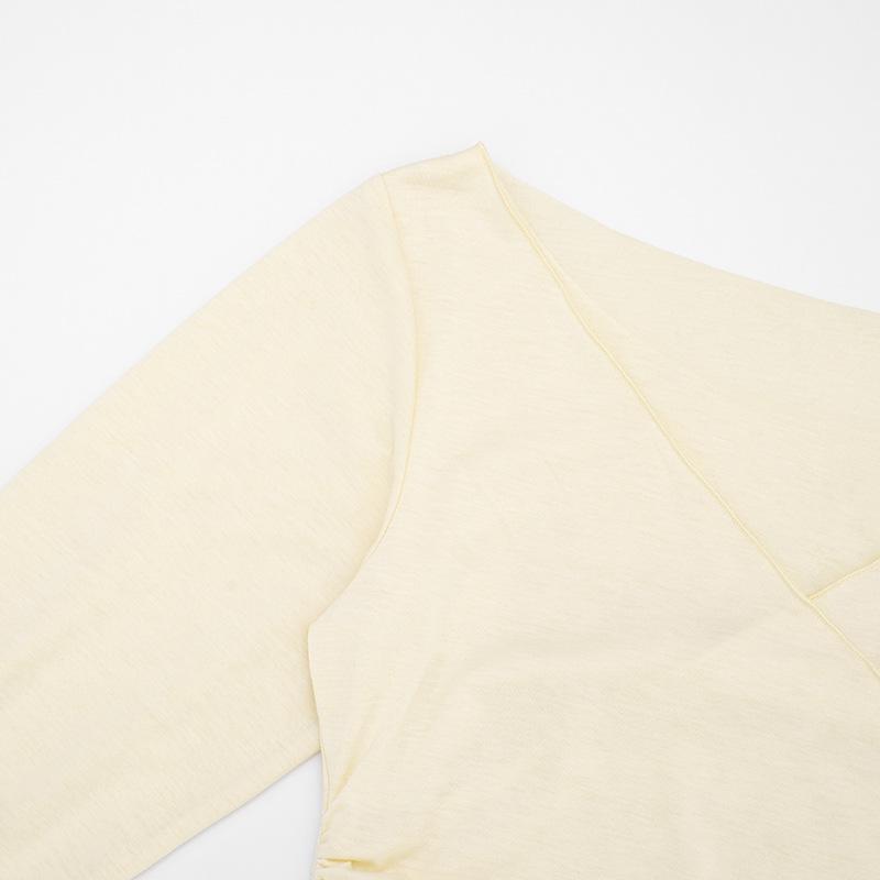 Q25TP254 Versatile Low-Neck Lantern Sleeve Ruched Short T-Shirt for Summer and Autumn