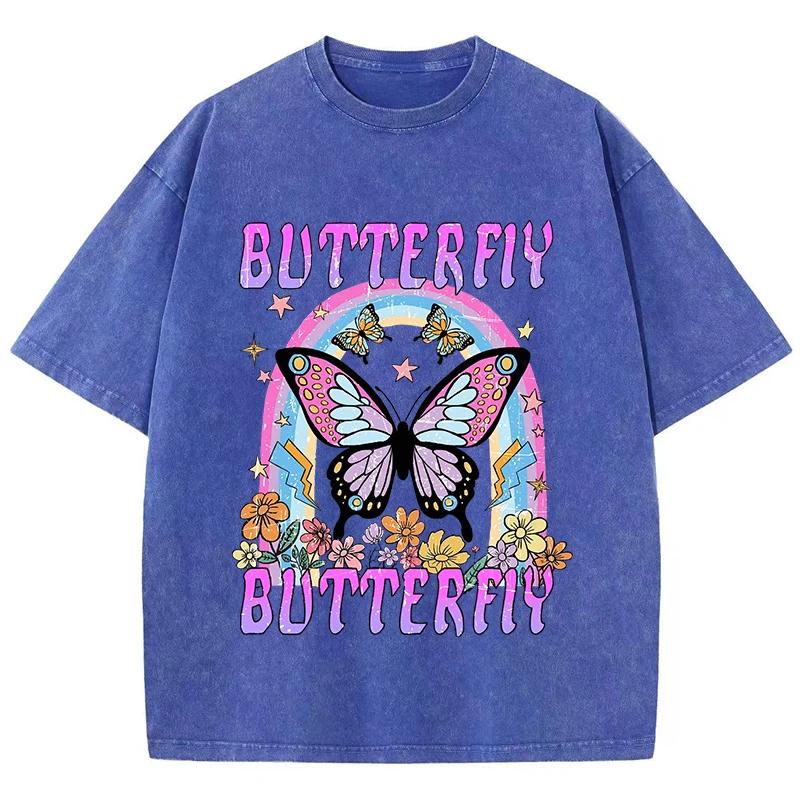 Oversized Women Washed T-Shirts Rainbow And Butterfly Printed Tee Shirts Cotton Oversize Tees Vintage Female Clothes