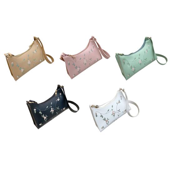 Floral Embroidered Underarm Bag Faux Leather Shoulder Bag Ladies Handbag Shoulder Purse for Party Street Work