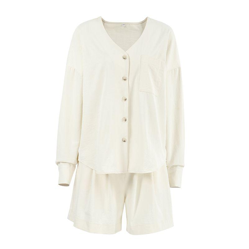 

European and American Women Set Street Leisure Two-piece Set Long sleeve Shorts Set Home Wear Light Spring and Summer 2025 Beige L [recommend 60.00 kg-65.00 kg]]