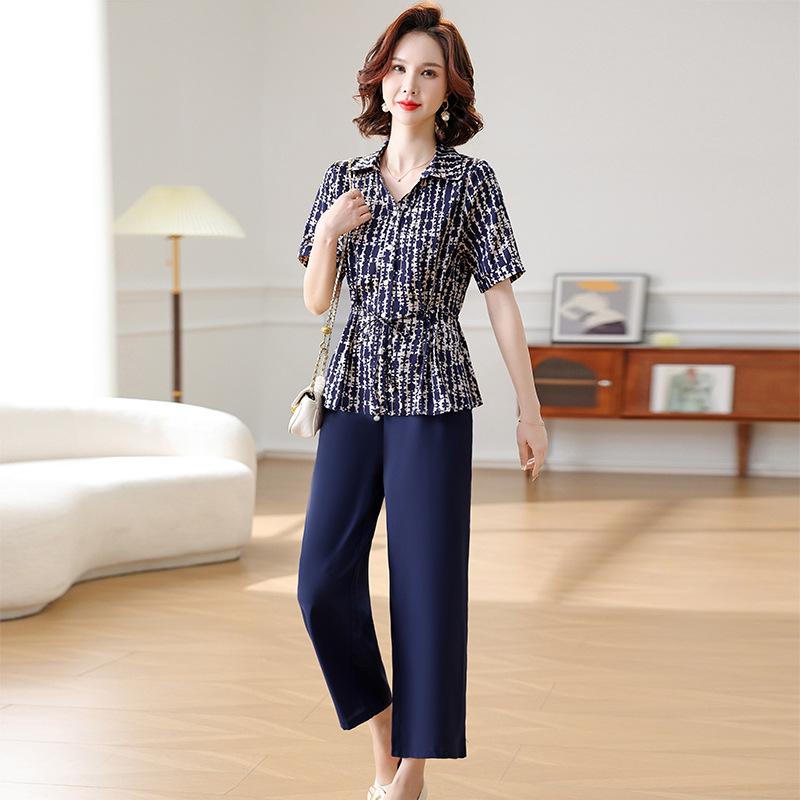 Set Bluză și Pantaloni din Șifon pentru Mama, Vara 2025: Set elegant din două piese pentru femei de vârstă mijlocie și vârstnice