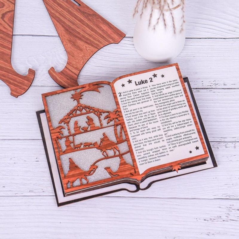 Unique Wood Carving Nativity Scene LED Book Ornament Showcasing Fine Craftsmanship and Cultural Value