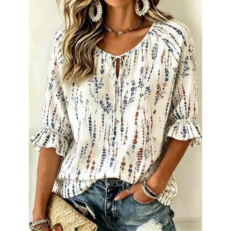 Women's Tie Keyhole Neck Blouse, White Base Tiny Pink Ditsy Floral Scroll Print, Loose Fit for Spring Summer Daily Outfits