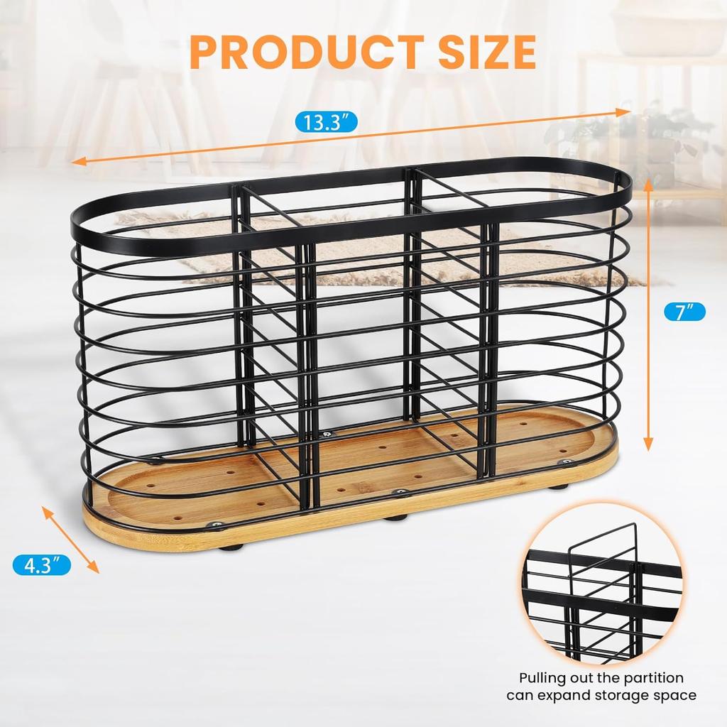 Utensil Holder for Kitchen Counter- Large Utensils Holder Farmhouse Cooking with Wooden Base Matte Black Cooking Utensil Holder