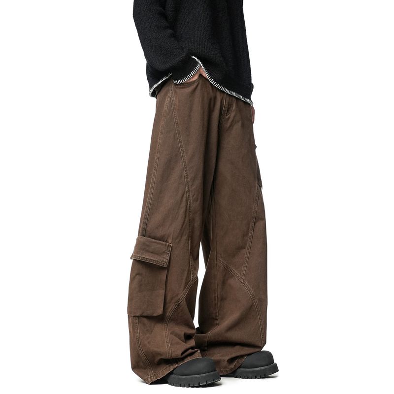 51 Hip-Hop American Retro Coffee-Colored Scimitar Jeans for Men, Spring and Autumn Washed Cotton Loose Straight Wide-Leg Work Pants