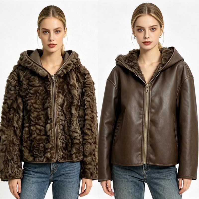Womens Reversible Faux Fur Jacket With Hooded Design 2026 OL Style Long Sleeve Coat Office Commute