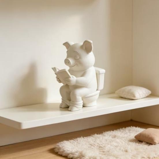 Yousheng 3D Printed Pig Statue, Mini Pig Figurine with Matte Frosted Surface, Dirt Resistant Cute Piglet Reading On Toilet